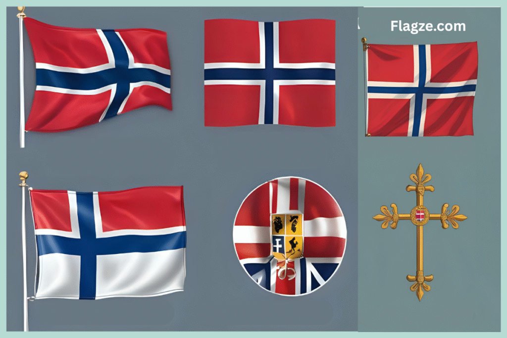 The national flag of Norway, with a red background and a blue Scandinavian cross outlined in white, waving gently.