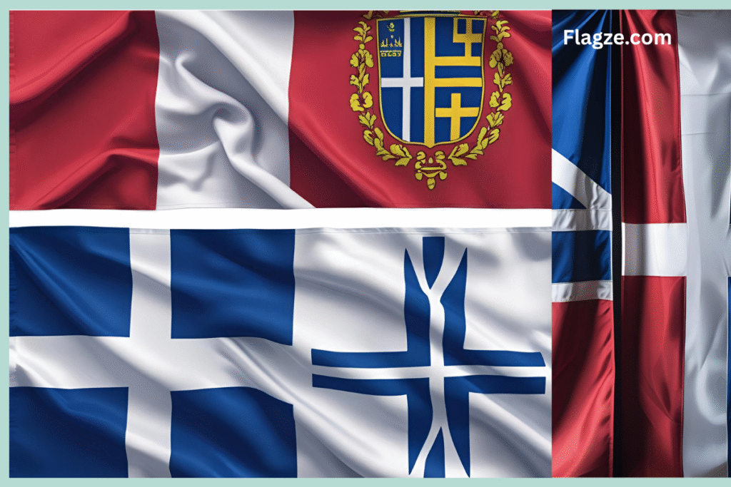 Various types of Norway flags: Civilian (rectangular), State/War (swallowtail), and the Royal Standard with the lion and axe emblem.
