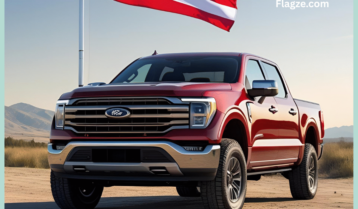 A red pickup truck proudly displaying a large national flag mounted securely on its truck bed, emphasizing the visual impact of a truck flag mount.