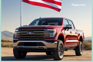 A red pickup truck proudly displaying a large national flag mounted securely on its truck bed, emphasizing the visual impact of a truck flag mount.