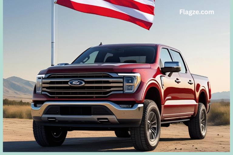 A red pickup truck proudly displaying a large national flag mounted securely on its truck bed, emphasizing the visual impact of a truck flag mount.