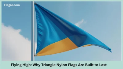 Triangle nylon flag waving in the wind with blue sky background